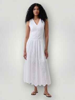 Gap White Eyelet Cotton Maxi Dress XS Sleeveless V-Neck Tie Back Coastal Grandma